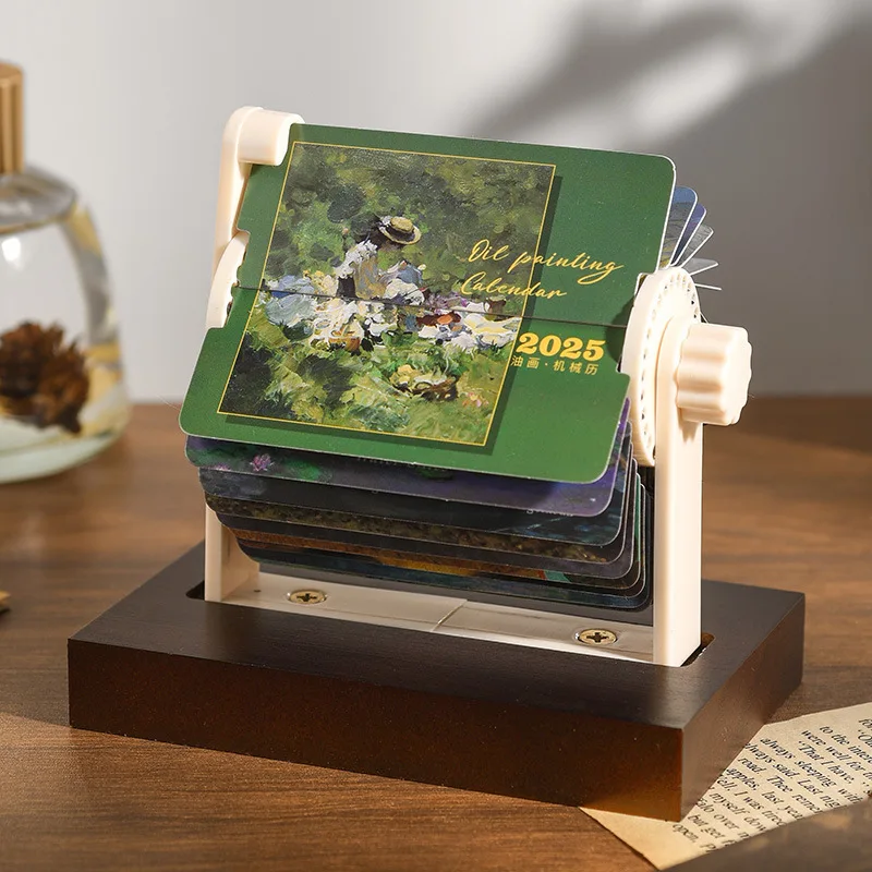 1PCS Mini Mechanical Desk Calendar with World Famous Paintings Hand Crank Tabletop Decor ABS Creative Gift Idea for Home/Office