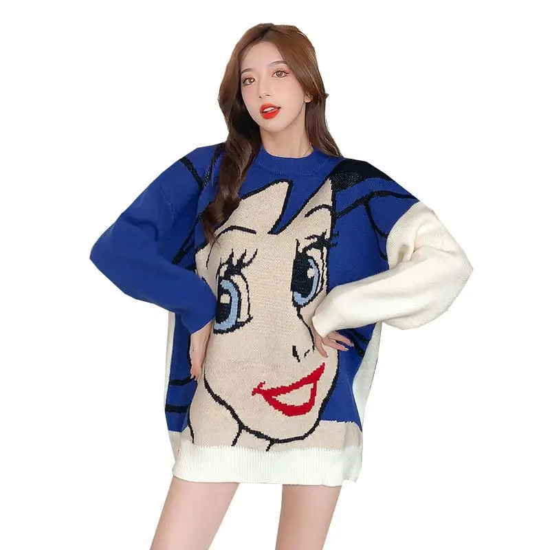 Korobov Womens Clothing Korean Fashion Sweaters Sweet Cartoon O Neck Knitwears Sueter Mujer Vintage Preppy Style Jumper Femme