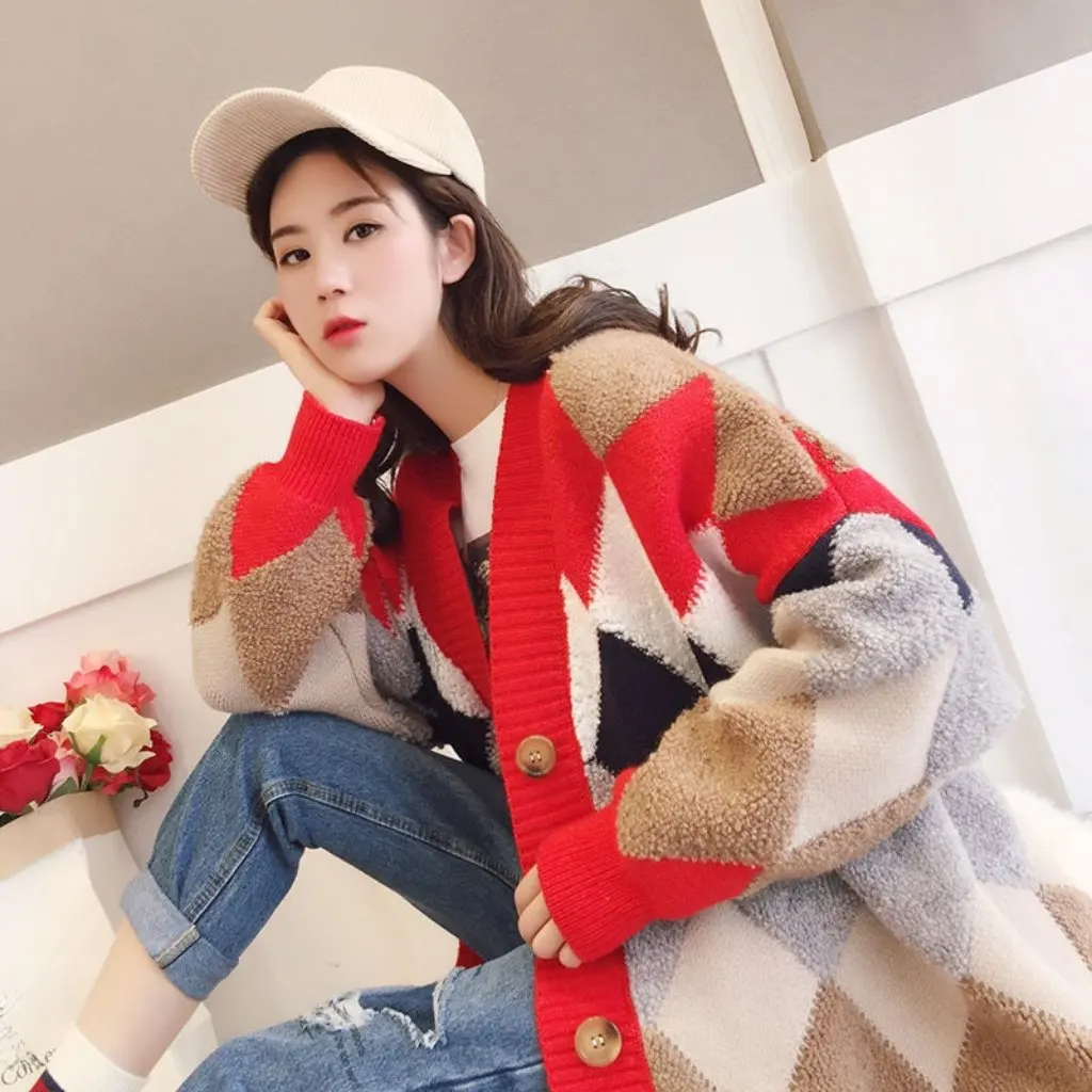 

Women's Lazy Style Cardigan Sweater K-Style Loose Fit Mid-Length Knitted Jacket for Autumn Winter Thickened Outerwear