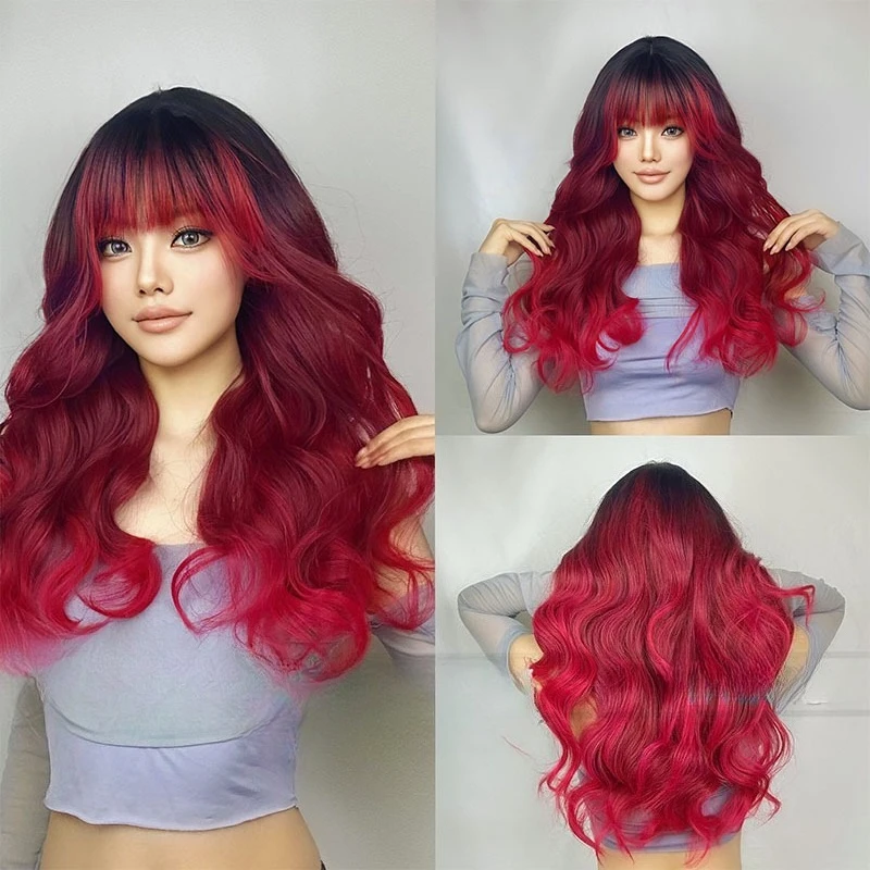 

New Meira red gradual change Qi bangs long curly hair European and American wind wearing natural fluffy full head wig