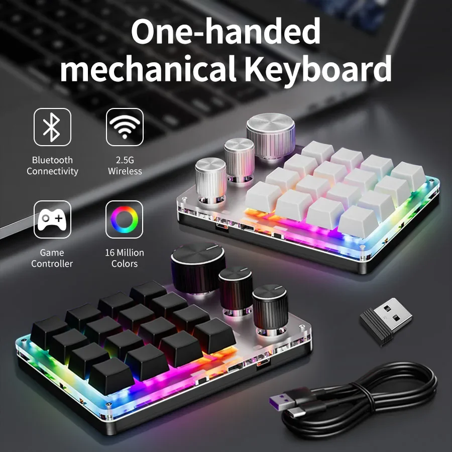2.4G Bluetooth 3 Modes 16 Keys Macro Gaming Keyboard Programmable Custom Mechanical Keypad with Volume Control for Gaming Office