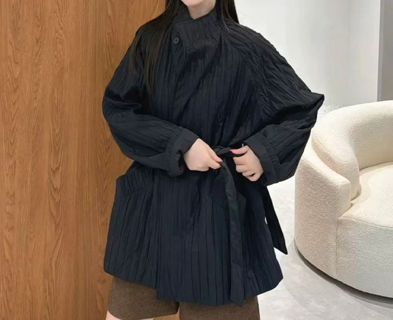 

Lace Up Stand Up Collar Lightweight Cotton Jacket for Women Winter Waist Cinching Fashion Mid Length Top