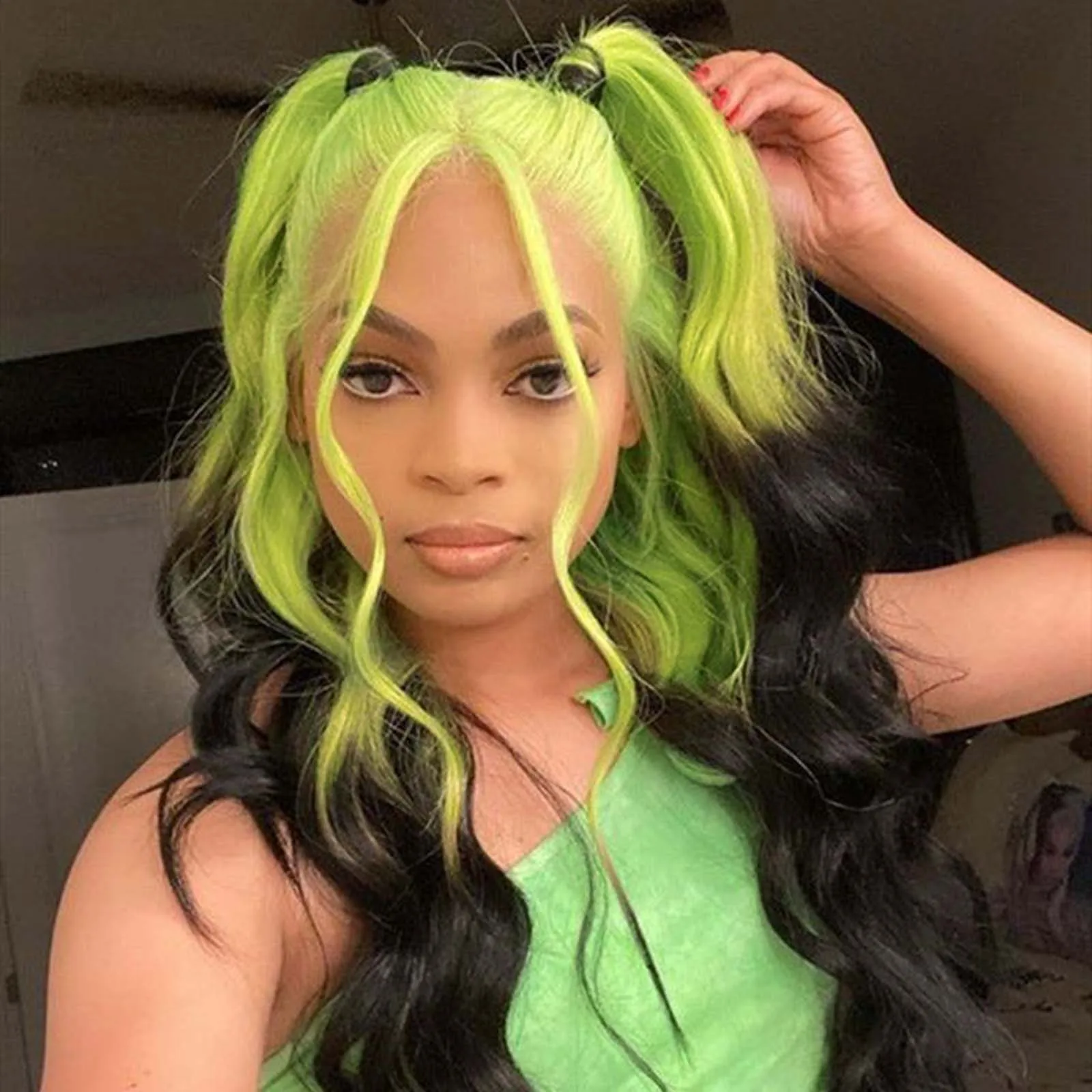 Ombre Green Black Highlight Wig Synthetic Hair Loose Deep Wave Long Curly Wavy 13X4 frontal Colored Wigs for Women Party Cosplay