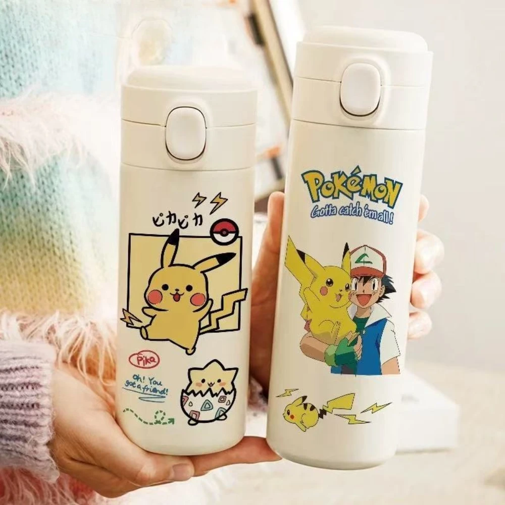 MINISO Pokémon Pikachu lindo termo de gran capacidad botella de agua para estudiantes botella de agua al vacío de acero inoxidable para adultos estudiantes
