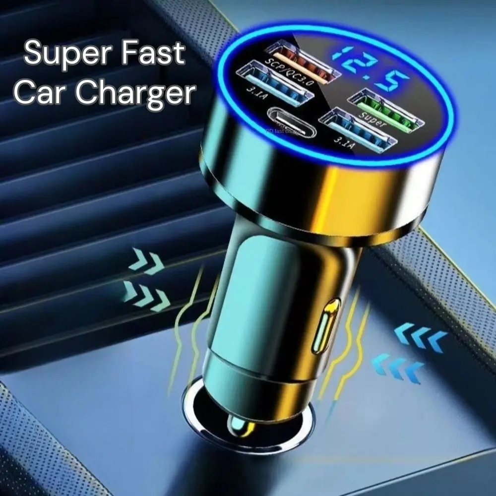 جديد 3.1A USB Type-C شاحن سيارة سوبر سريع متعدد المنافذ كابل شحن شاشة ديجيتال شاحن طاقة السيارة الأسود للسفر في الهواء الطلق