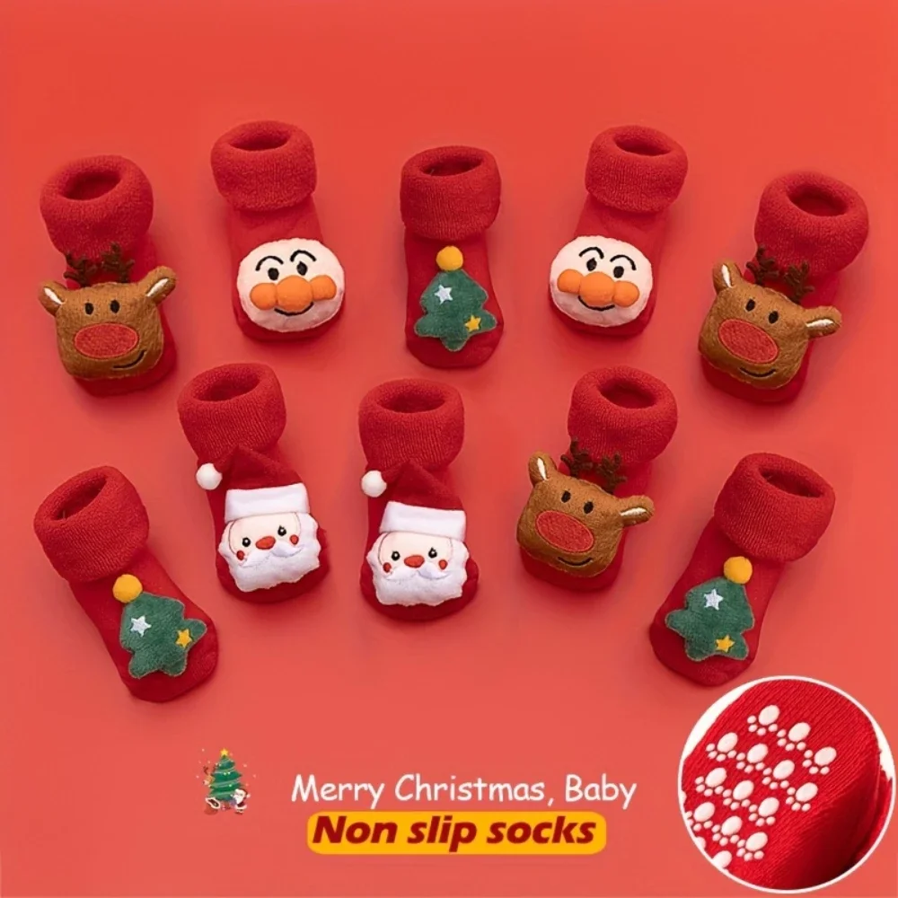 

1 Pair Baby Christmas Winter Thick Terry Socks, Non-slip Toddler Socks, Red Santa Claus Christmas Cute Cartoon Decoration