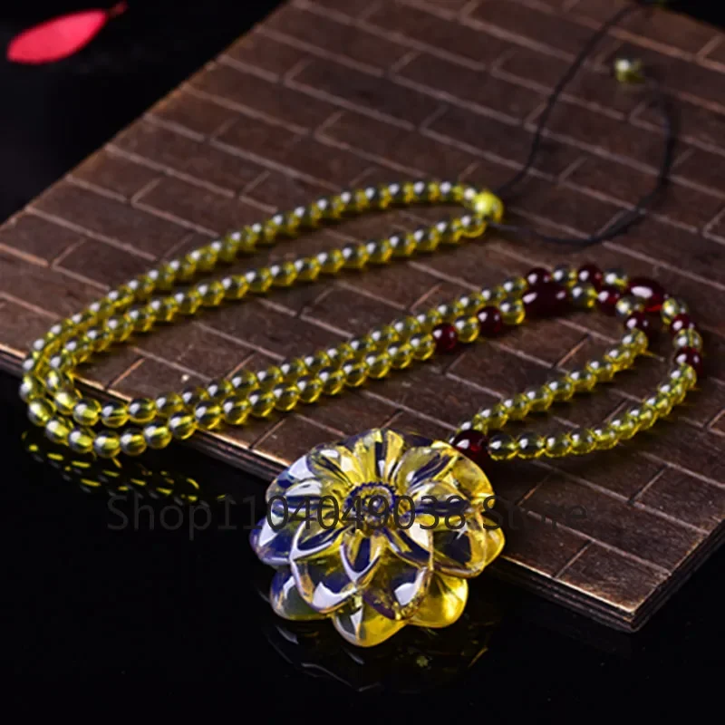 Natural Blue Baltic Sea Amber Resin Beeswax Amber Necklace Flower Sweater Chain Pendant Simple Men and Women - view 2