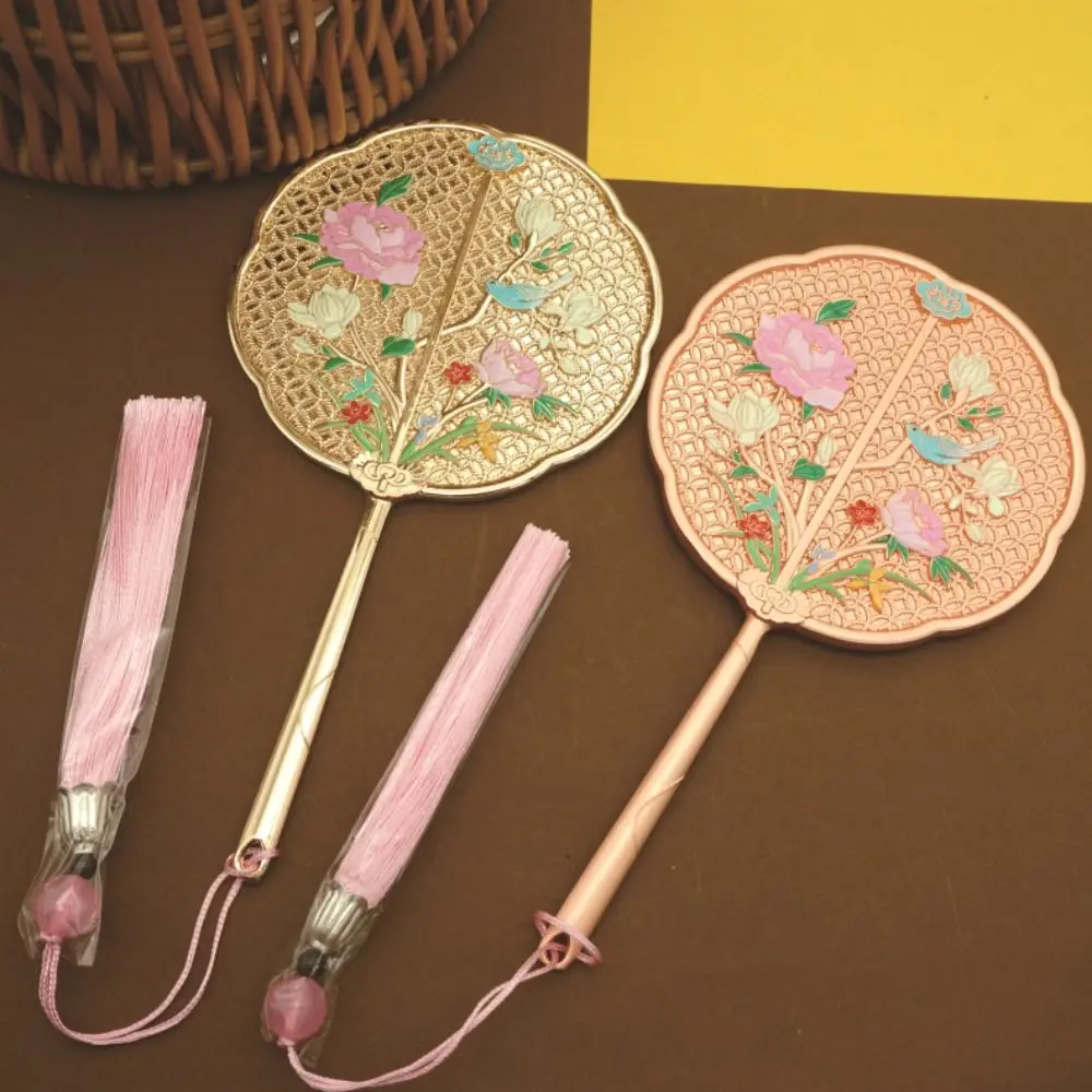 Retro Vintage Chinesischen Stil Spiegel Exquisite 3D Blume Griff Make-Up Spiegel Quaste Süße Runde Eitelkeit Spiegel Make-Up