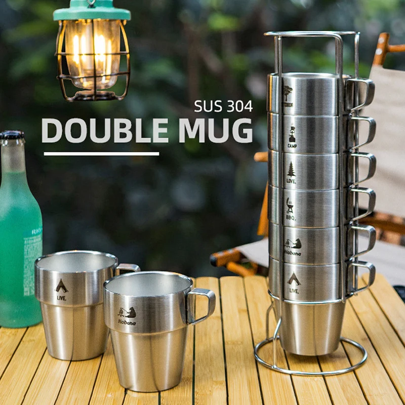 Outdoor Stainless Steel Double-Layer Water Cup, Camping Portable Insulated Cup, Coffee Cup, 4 or 6 Pcs Set