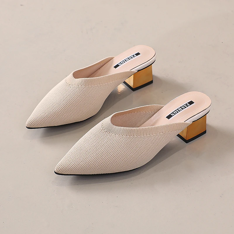 Summer And autumn Popular Fashion Pointed toe Knitted elastic Retro Wrap head half slippers Versatile thick heel cool Slippers