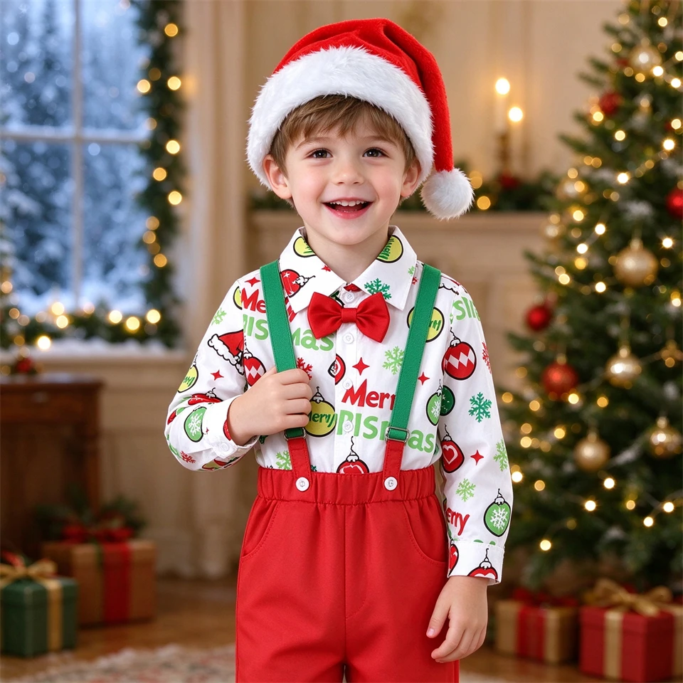 Toddler Boys Christmas Suspender Outfit Holiday Formal Gentleman Suit Xmas Party Performance Family Photos Holiday Kids Clothes