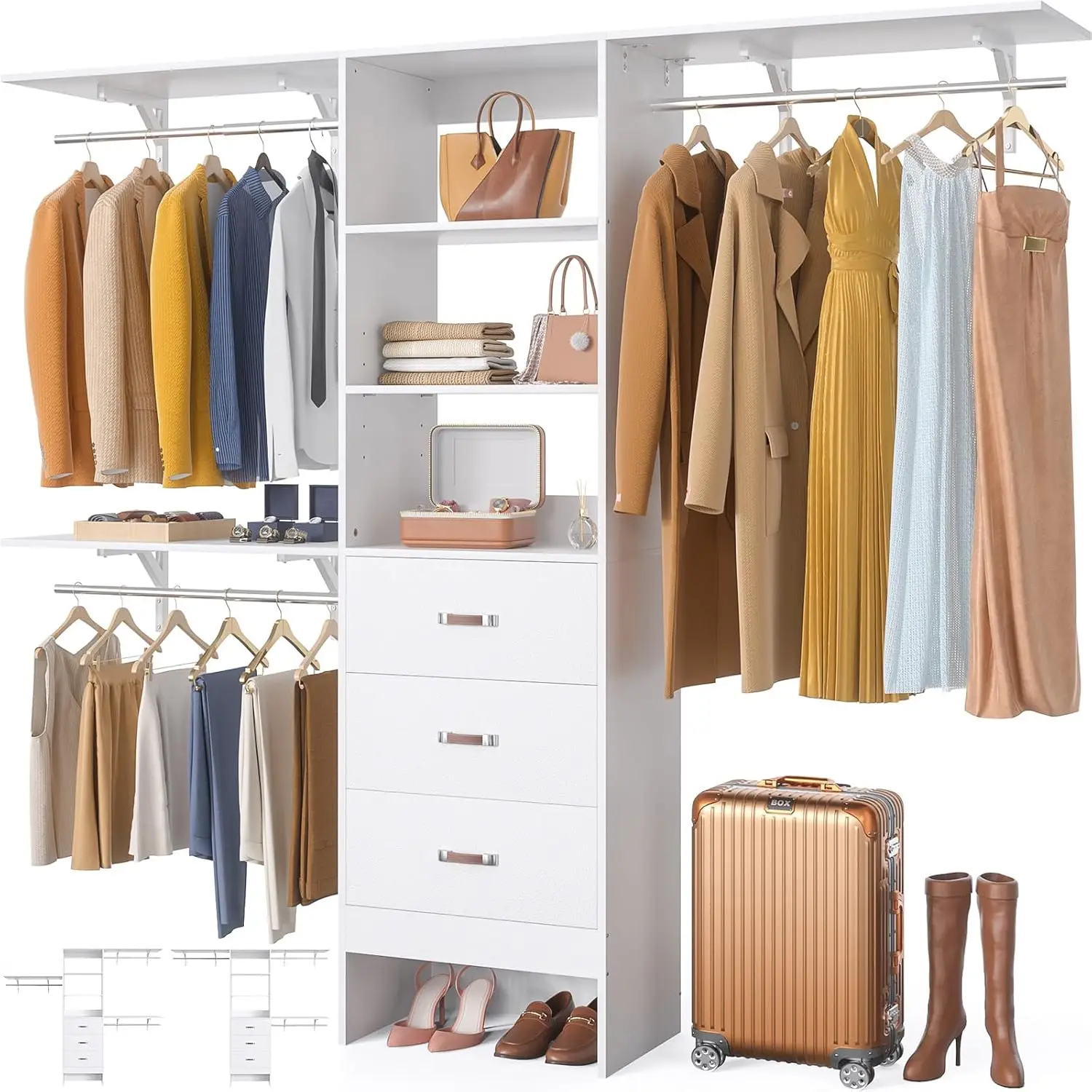 Closet System With Wooden Drawers, 8 Ft Closet Organizers System With Adjustable Shelves & Hanging Rods, Wall-Mounted Closet