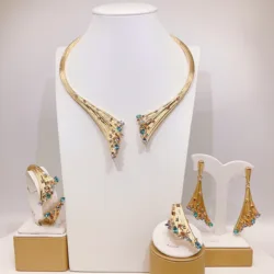 Color Rhinestone Women Jewelry Sets Gold Plated Party Use Necklace Earrings Bangle Ring