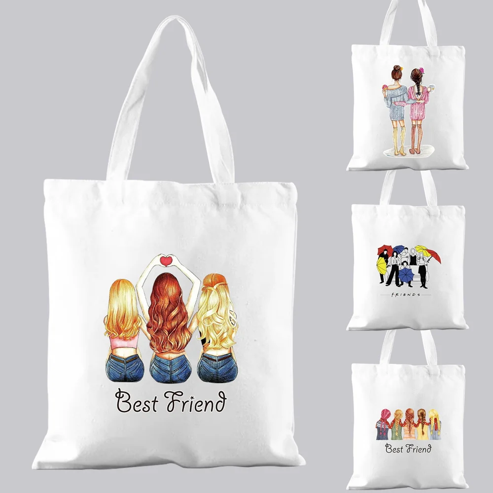 

Shopping Bag Casual Commuter Handbag Reusable Fashion Lady White Good Friend Pattern Printed Canvas Bag Shoulder Bag Portable