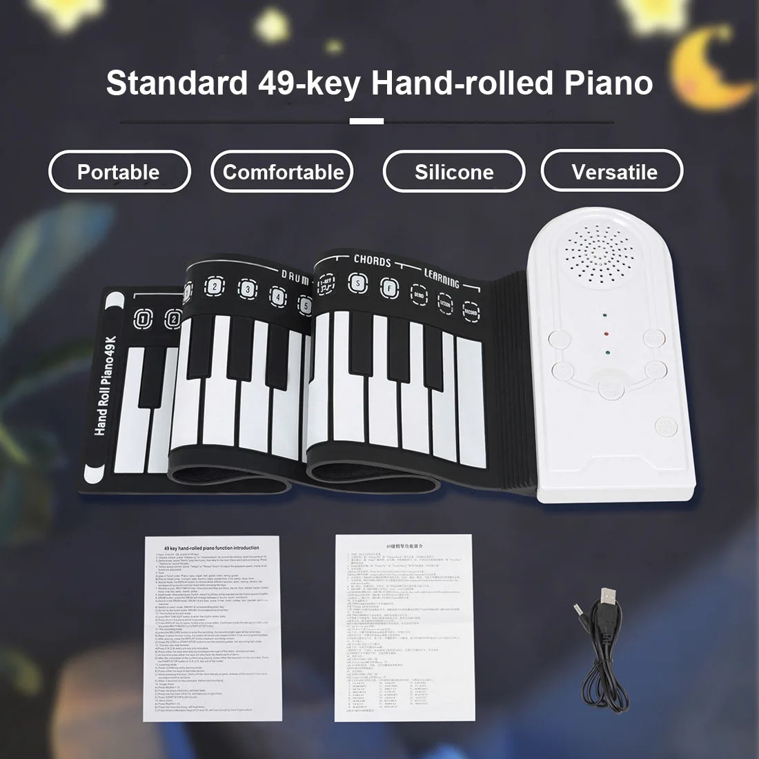 49-Key Hand Roll Up Piano Silicone Portable Keyboard Musical Instrument for Education Foldable Beginning Electronic Organ