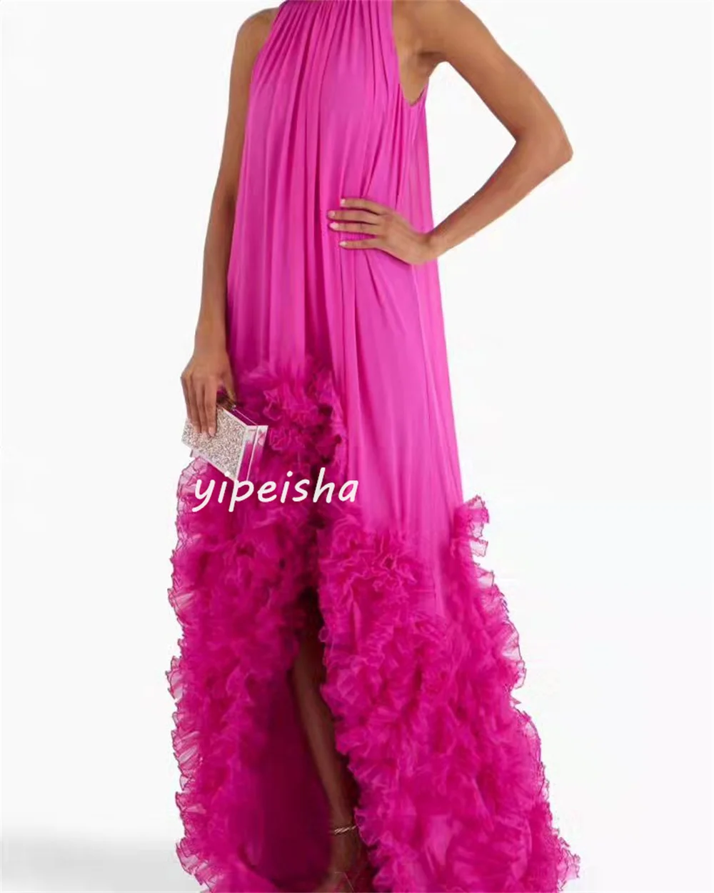 Personalizado estilo moderno moda chiffon plissado ruched drapeado a linha gola alta vestidos longos quinceanera combinando clássico