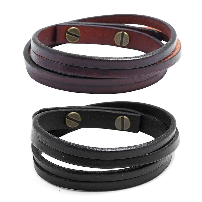 KIirykle Simple Double-deck Leather Bracelets&Bangles For Men Punk brown/Black Wristband Cuff Jewelry boy Gift