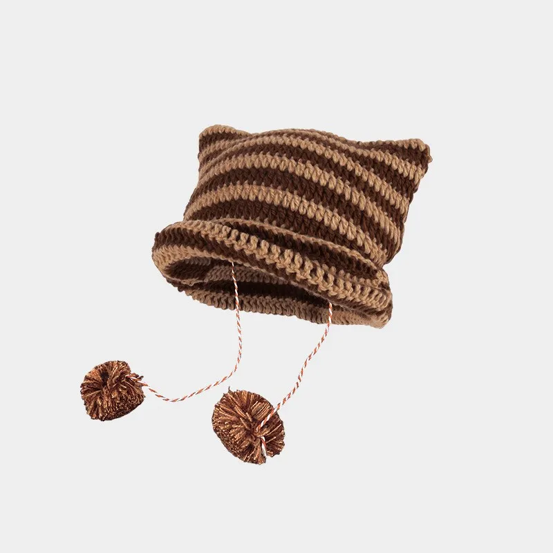 Imp Cat Ears Wool Cap Fall and Winter Warm with Striped Knit Cap Street Hip-hop Cap Wool Ball Cotton Cap Ear Protection Head Cap