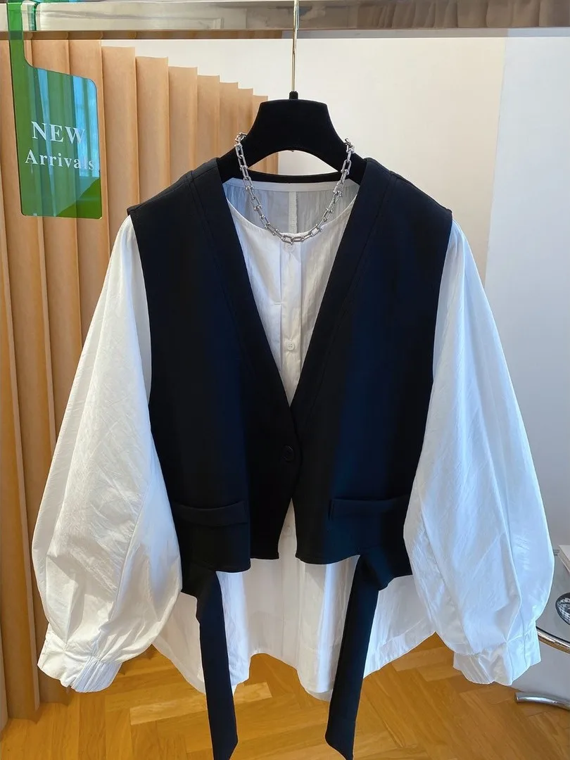 

Свободный комплект из белой рубашки с круглым вырезом и жилета для мужчин и женщин в корейском стиле, на раннюю осень, больших размеров.