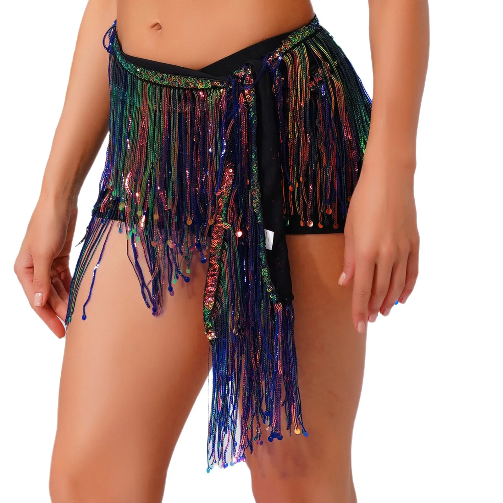 Womens Volksdans Latin Dans Kostuums Glittery Pailletten Buikdans Hippe Sjaal Glanzende Kwastje Fringe Lace-up Taille Keten rok