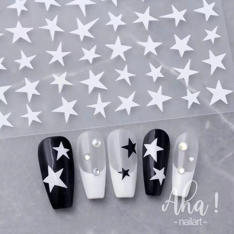 3D White/Black Five-pointed Star Nail Decal 8*10cmt Distort Star Nail Art Stickers Christmas Girl Charming Star Adhesive Slider