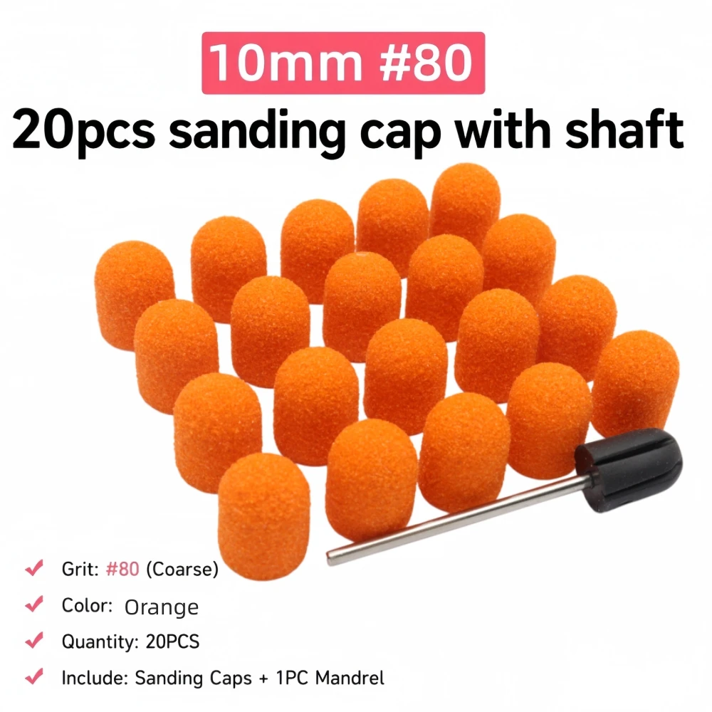 20Pcs 10mm Nail Sanding Caps with Mandrel – Premium Cuticle & Callus Remover Sanding Caps, 2.35mm Shank Fit for All Nail Drill M