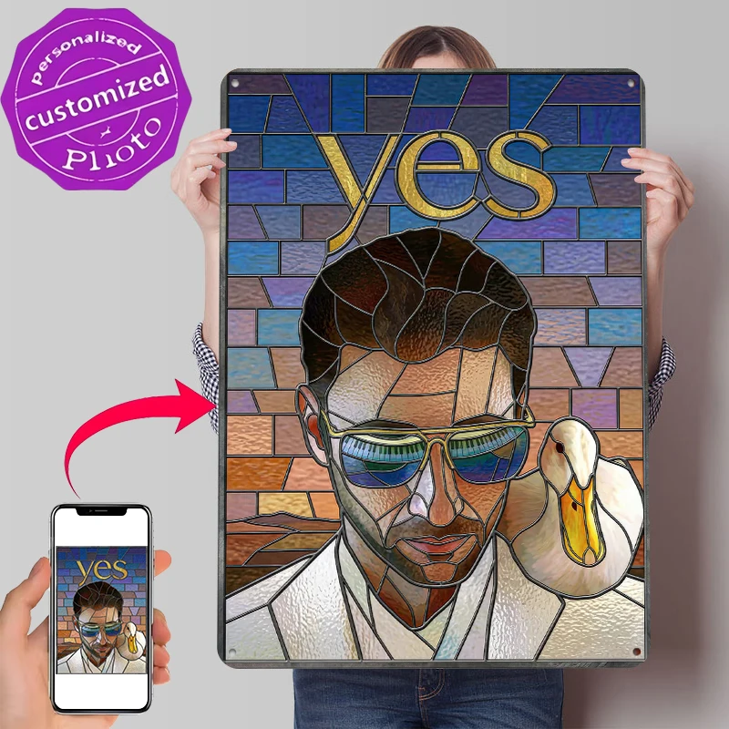 Stained Glass Movie With Duck and 'Yes' Metal Poster Customized Wall Art Retro Vintage Tinplate Signs for Decoration Home Decor