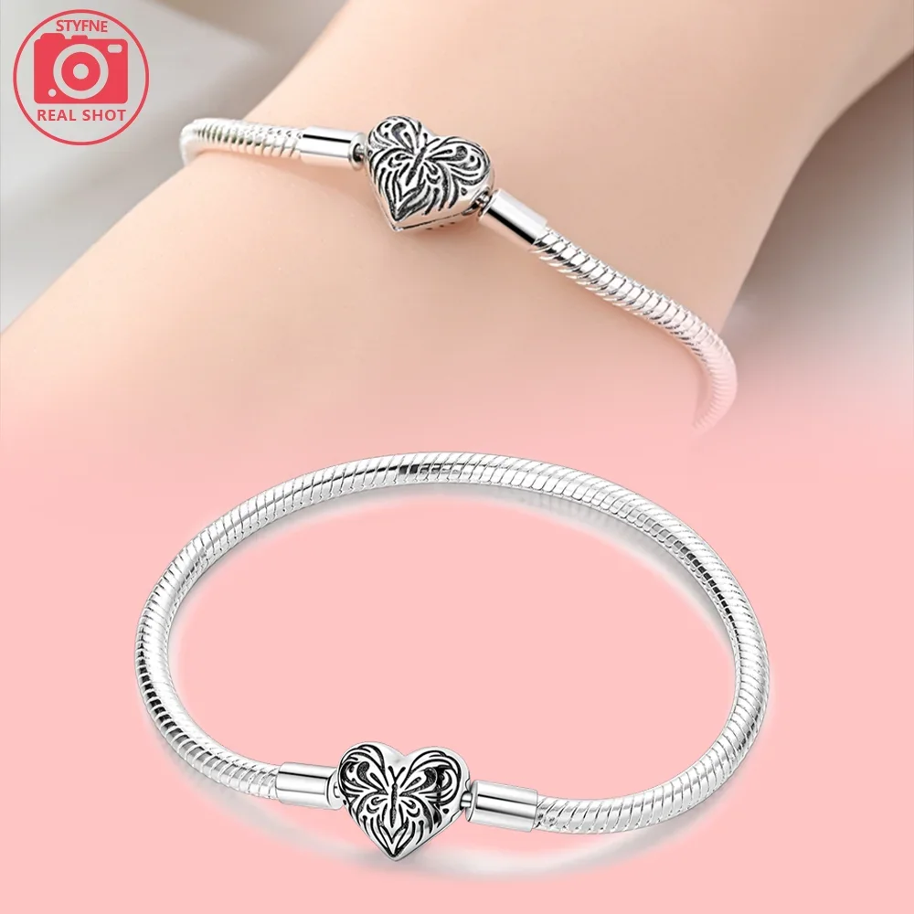 

Оригинальный браслет из серебра 925 пробы Forever Love Heart с цирконием и бусинами, женский браслет-цепочка в виде змеи, подарок на день Святого Валентина, ювелирные изделия