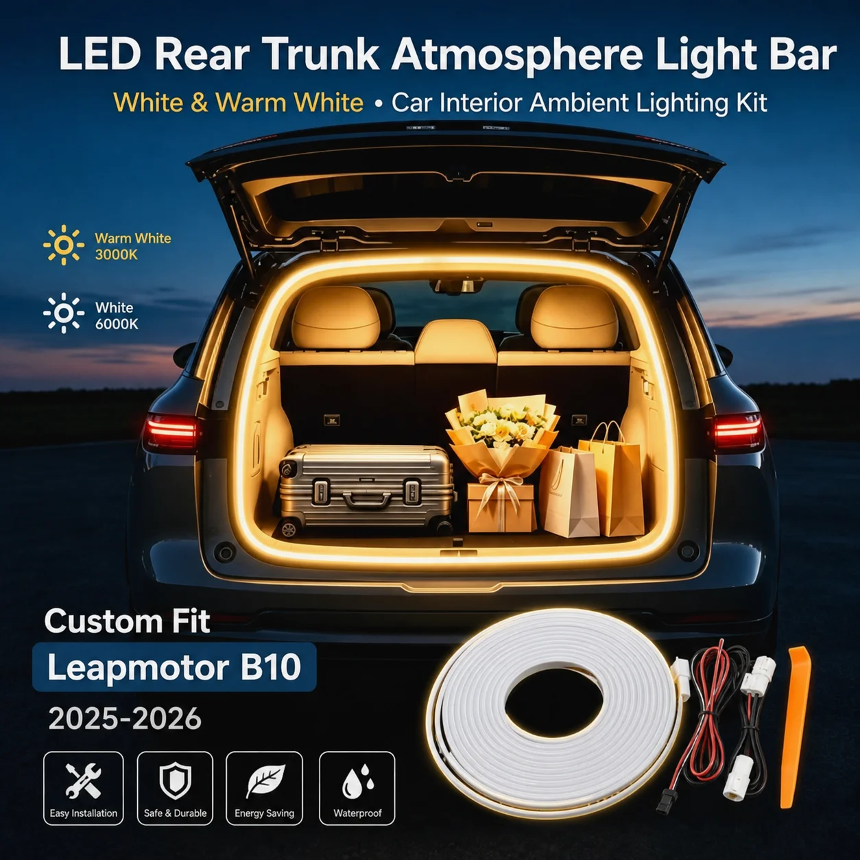 LED Rear Trunk Atmosphere Light Bar For Leapmotor B10 2025-2026 White Warm White Car Interior Ambient Lighting Strip Lamp Kit