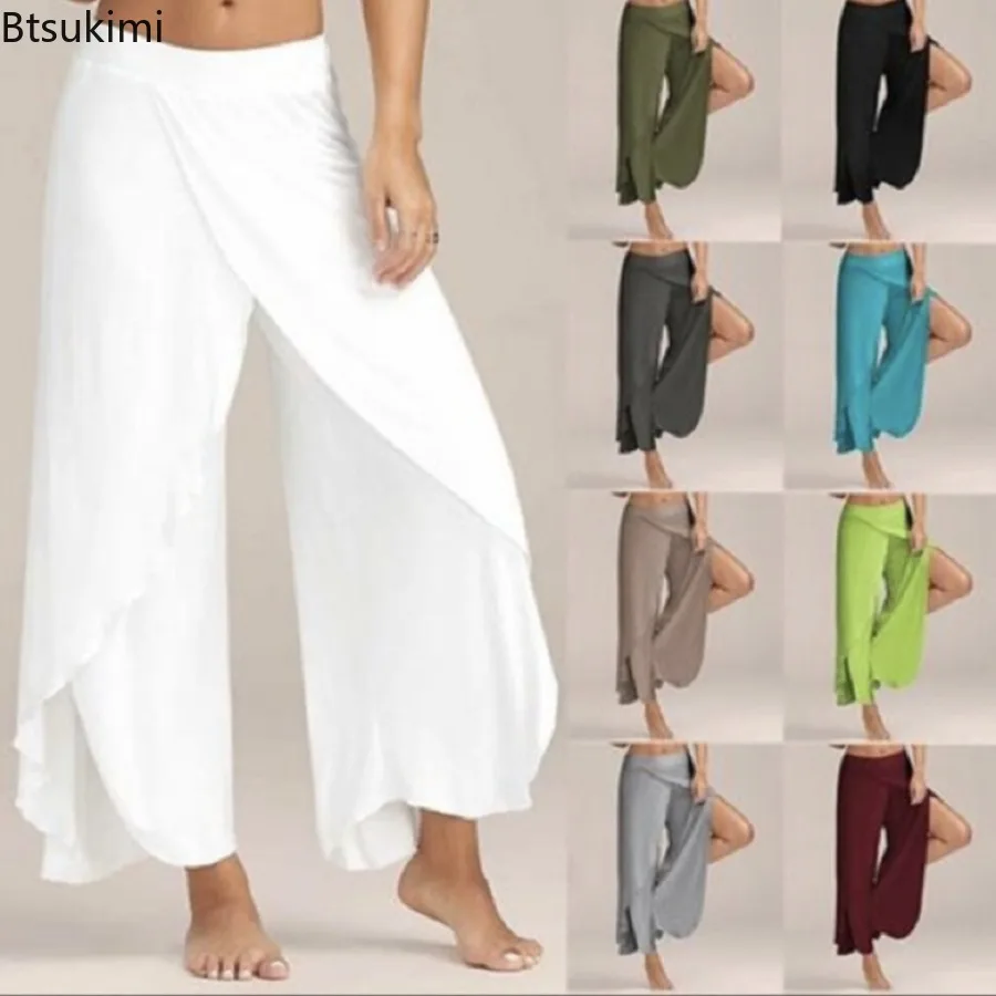 New High Slit Wide Leg Pants Women Summer Breathable Chiffon Yoga Trousers Solid Color Straight Loose Pants Dance Sport Clothing