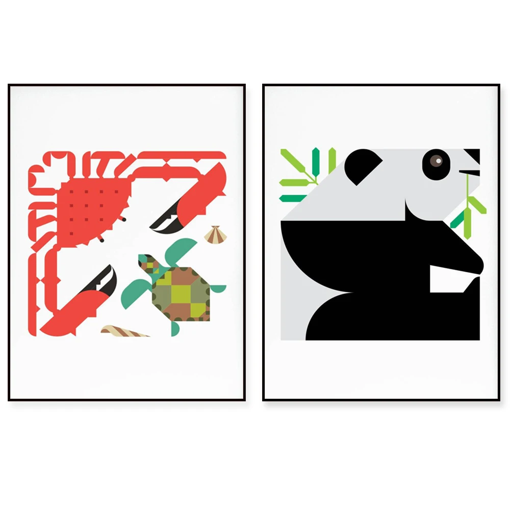 Modern Abstract Animal Poster for Kids - Charming Bear Salmon Eagle Panda Duck Crab Turtle Design for Medieval Decor