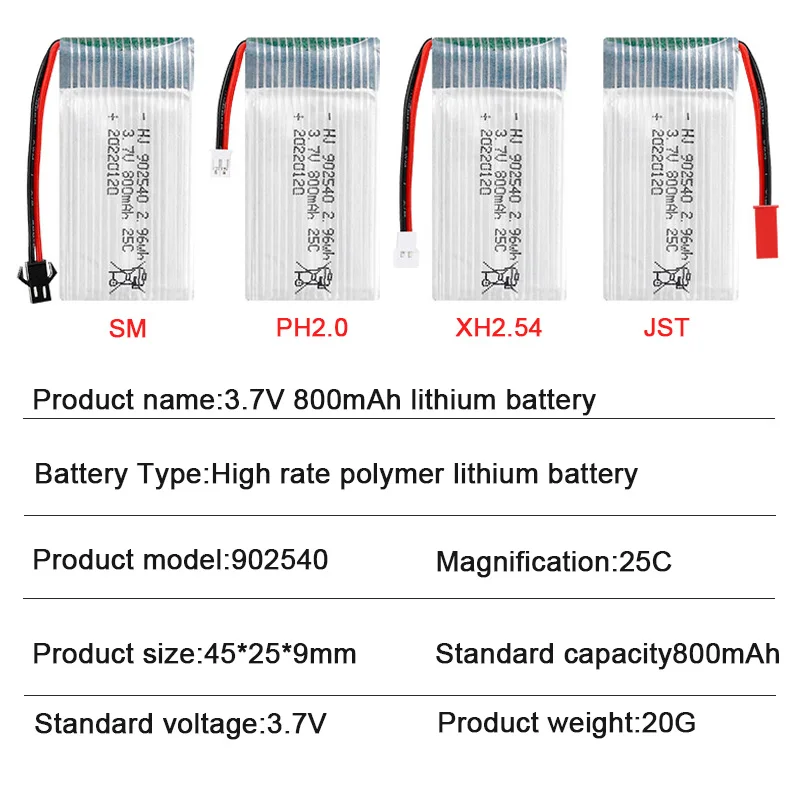 902540 3.7V 800mAh Polymer Lithium Battery 25C High Rate for Syma X5 X5C X5S X5SC X5HW X5HC X5SW M68 X300 X400 X500 X800 HJ819
