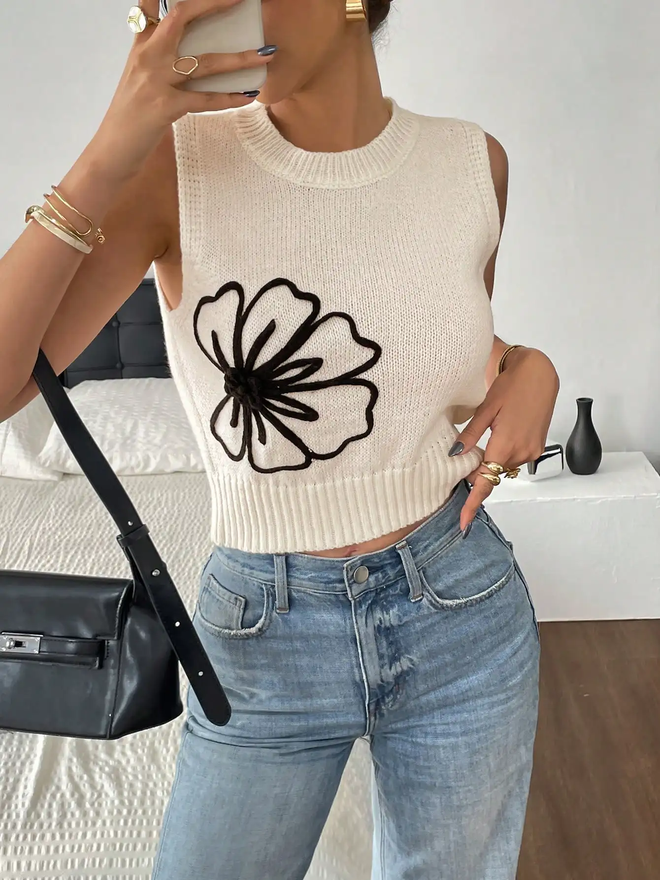 

Cream Floral Embroidered Sleeveless Knit Crop Top for Women
