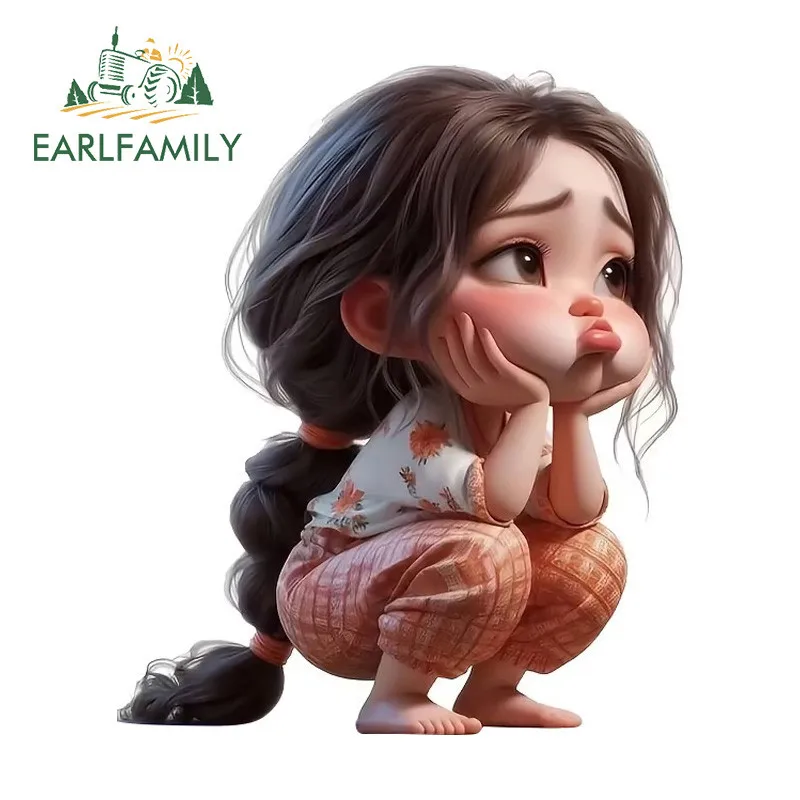 EARLFAMILY Thinking Girl Cartoon Car Sticker Rear Windshield Motorcycle Skateboard Suitcase PVC Decal Scratch-Proof Car Styling