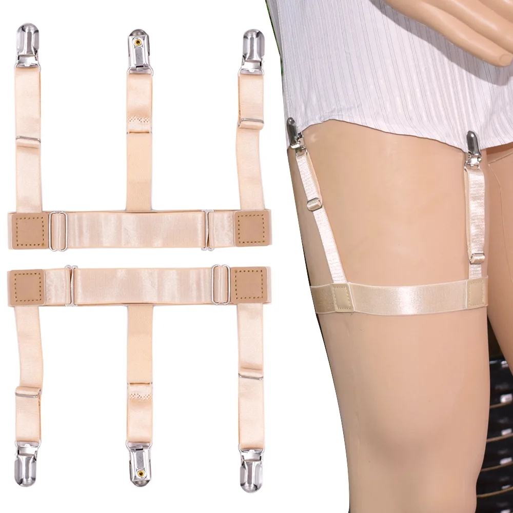 Adjustable Nylon Elastic Leg Suspenders Shirt Stays Holder Straps Metal Locking Clamps Skin Color Shirt Holders Men Suspenders