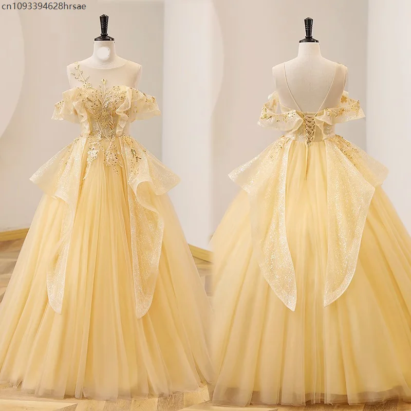 

Yellow Elegant Scoops Neck Ball Princess Gown Women Dresses Vestidos Lace Up Back Sweet Wedding Party Stage Evening Dress