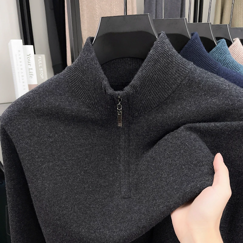 High-End Luxury Man Long Sleeves Knitwear 100%wool Half-Zip Mock Neck Solid Color Korean-Style Youth Vitality Pullover Men'swear
