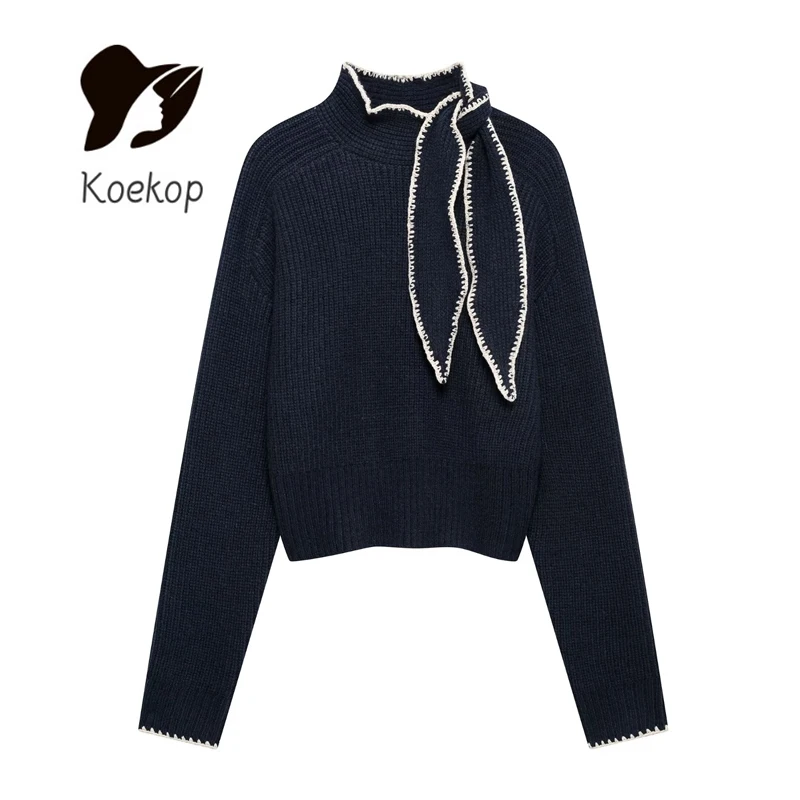 Koekop 2024 Women's Fashion Solid Color Bow Decoration Pullover Vintage Casual Loose Women's Chic Lady Sweater