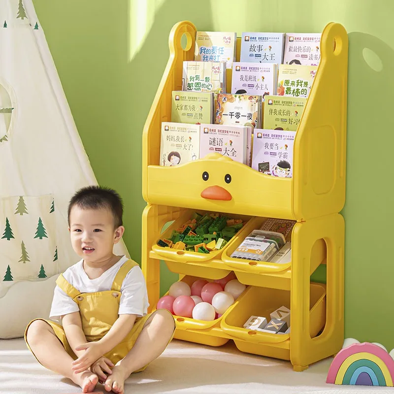 Libreria a forma di anatra gialla a 4 livelli per bambini, libreria per bambini per camera dei bambini, ripiano da pavimento a casa, ripiano in plastica All-in-One