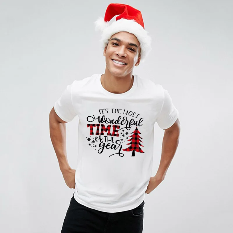 Merry Christmas Plaid T-shirts Casual Men Xmas Tree Truck Tshirts Fashion Harajuku Holiday Winter Tshirt Clothes Xmas Gift