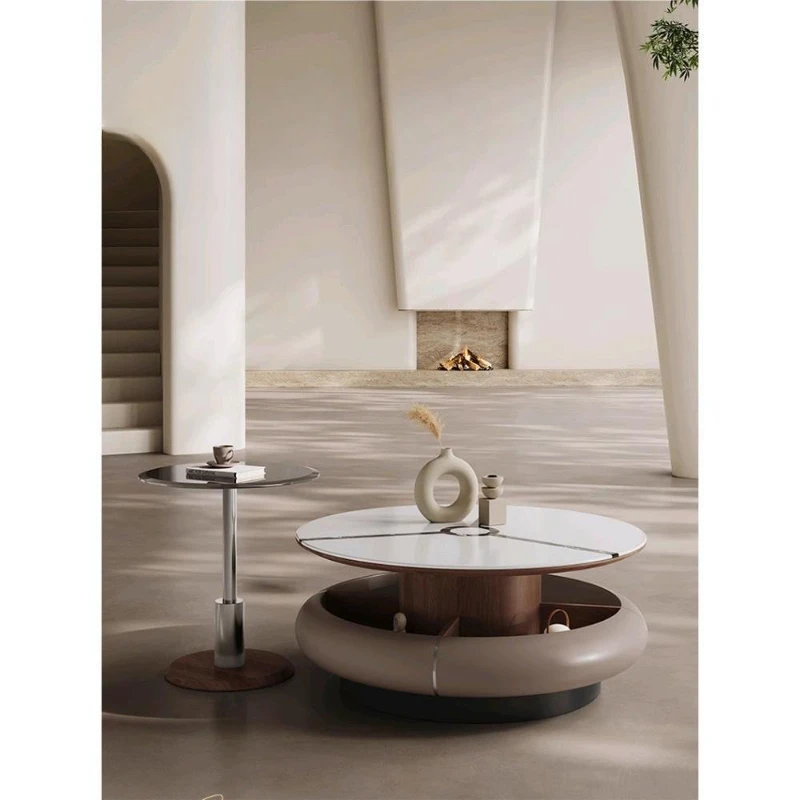 Italian light luxury rotating microcrystalline stone small apartment round coffee table combination, creamy minimalist