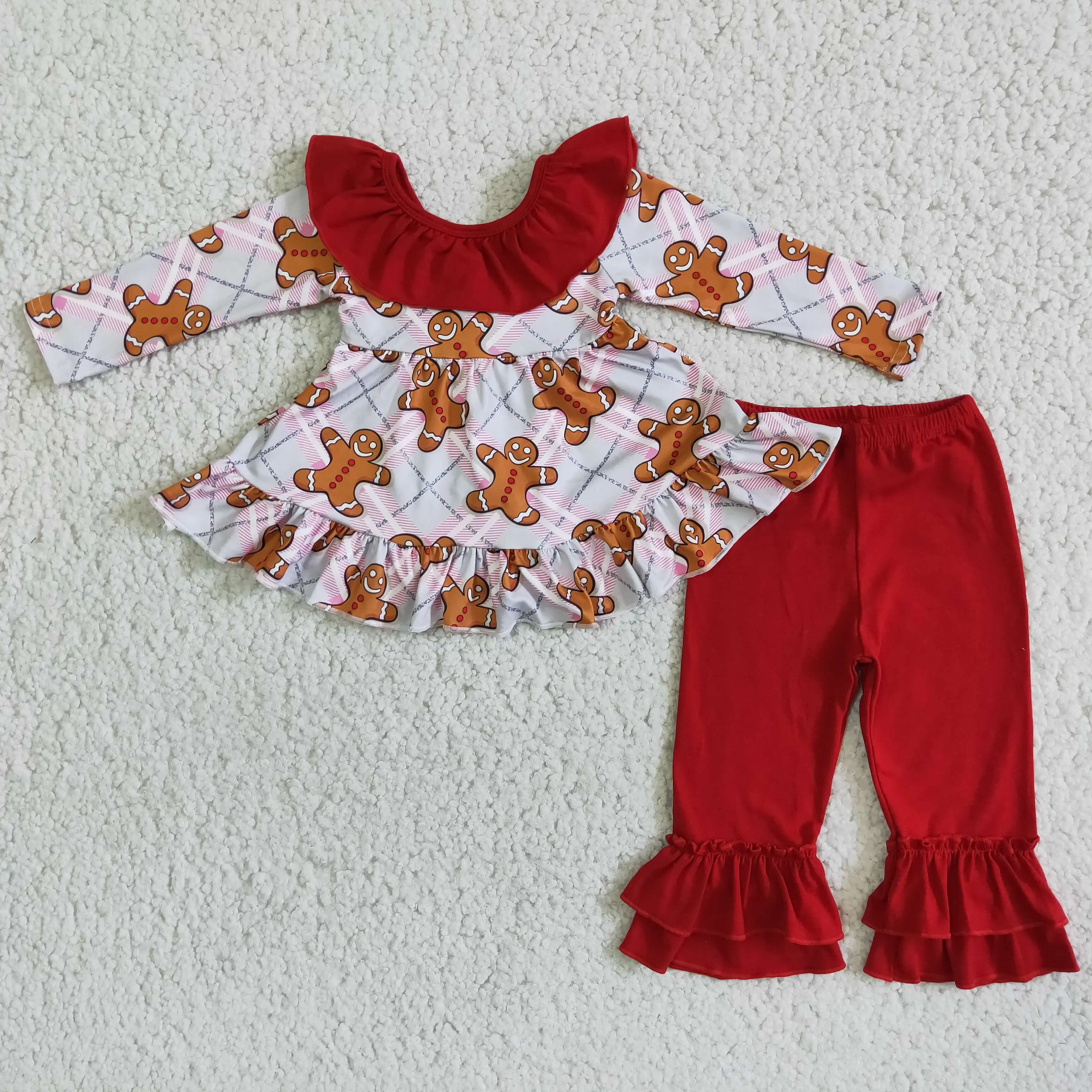 

2022 Daily Wearing White Gingerman Red Neckline Print Long Sleeve Dress Red Lace Pants Fashion High Quality Western Baby Girls