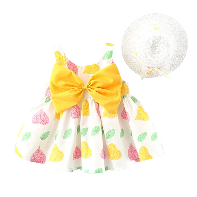 

2Piece Summer Newborn Baby Girl Clothing Set Korean Cute Bow Leaves Cotton Princess Beach Dress+Sunhat Toddler Dresses BC2228