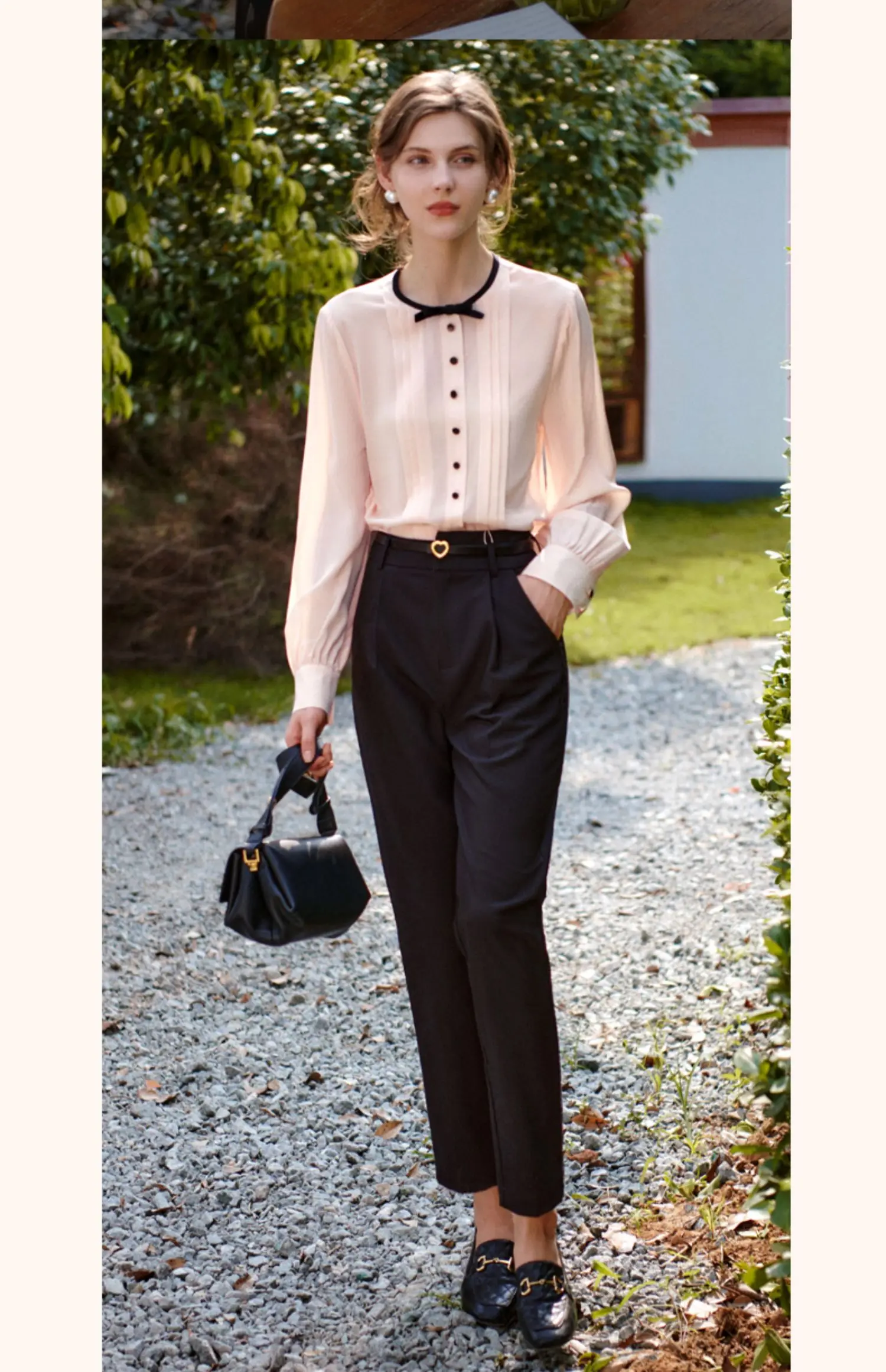 เสื้อชีฟองผู้หญิง OLrain รุ่น 2025 คอทรงโอ แต่งโบว์ ติดกระดุม แขนยาว สไตล์สาวออฟฟิศ เสื้อผ้าหรูหราสำหรับผู้หญิง รุ่น M56QC52985