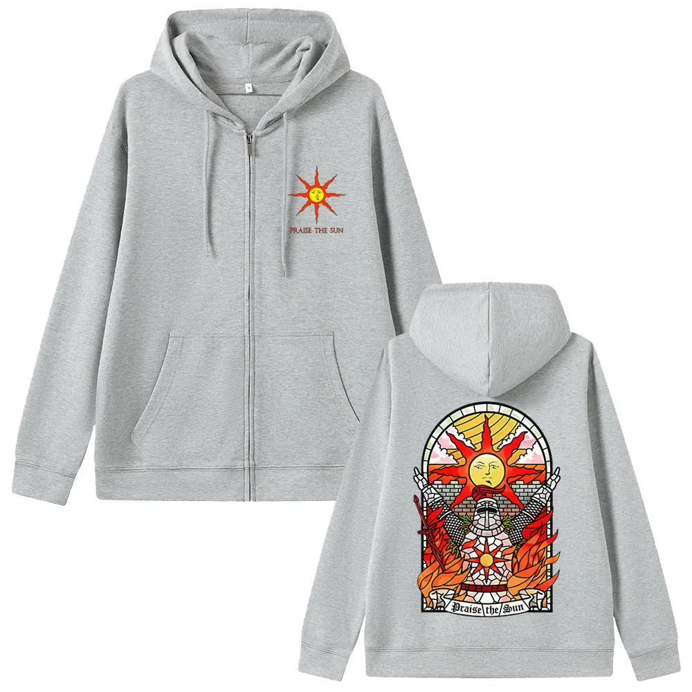 لعبة Dark Souls Church of the Sun جرافيك قلنسوة بسحاب للرجال والنساء موضة القوطية روك سترة رجالية عادية خمر زمم هوديس
