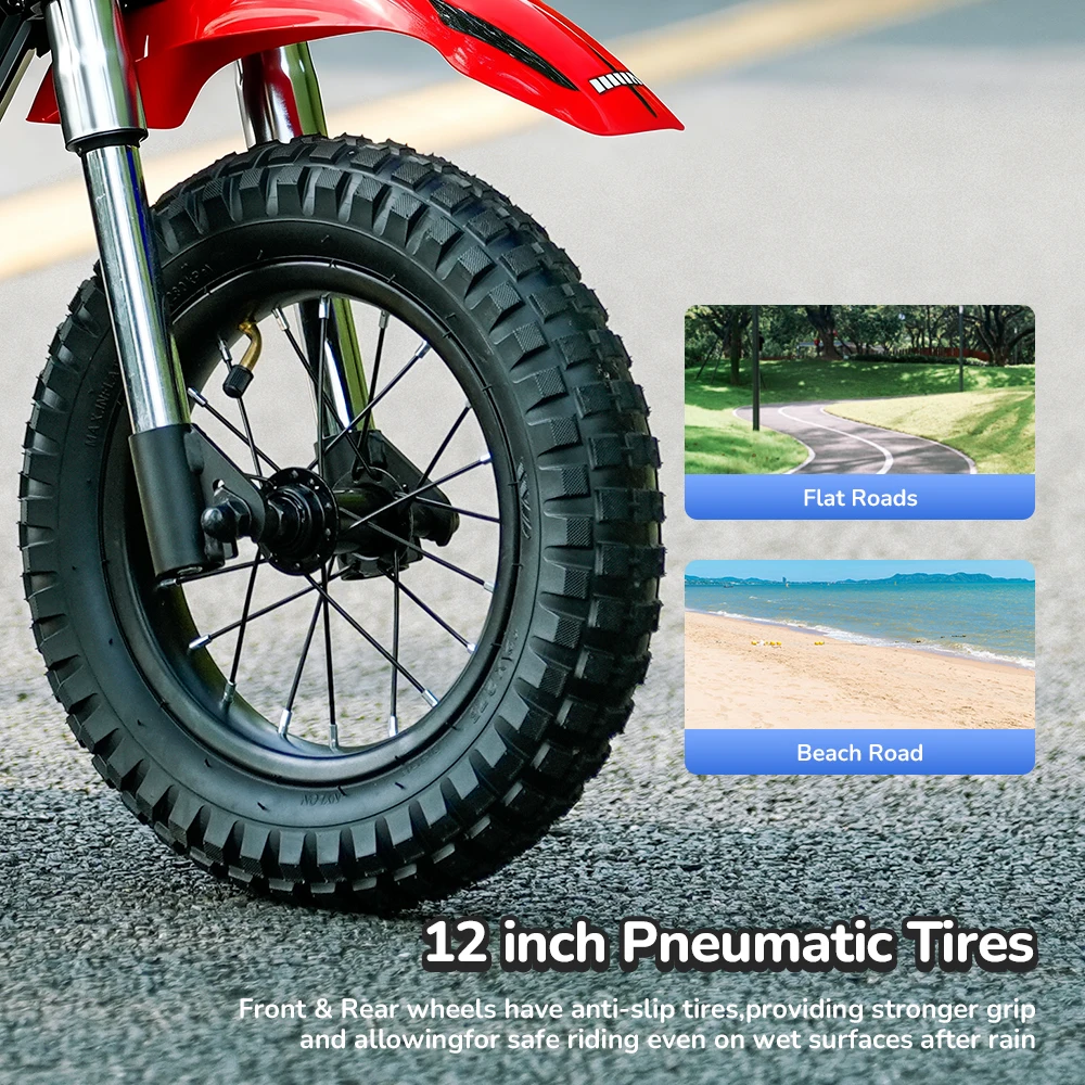 Moto électrique pour enfants A12 avec moteur 350W, autonomie de 22 km, batterie 36V5.2Ah, 3 vitesses, freins doubles, amortisseurs, lumières LED pour le plaisir en plein air