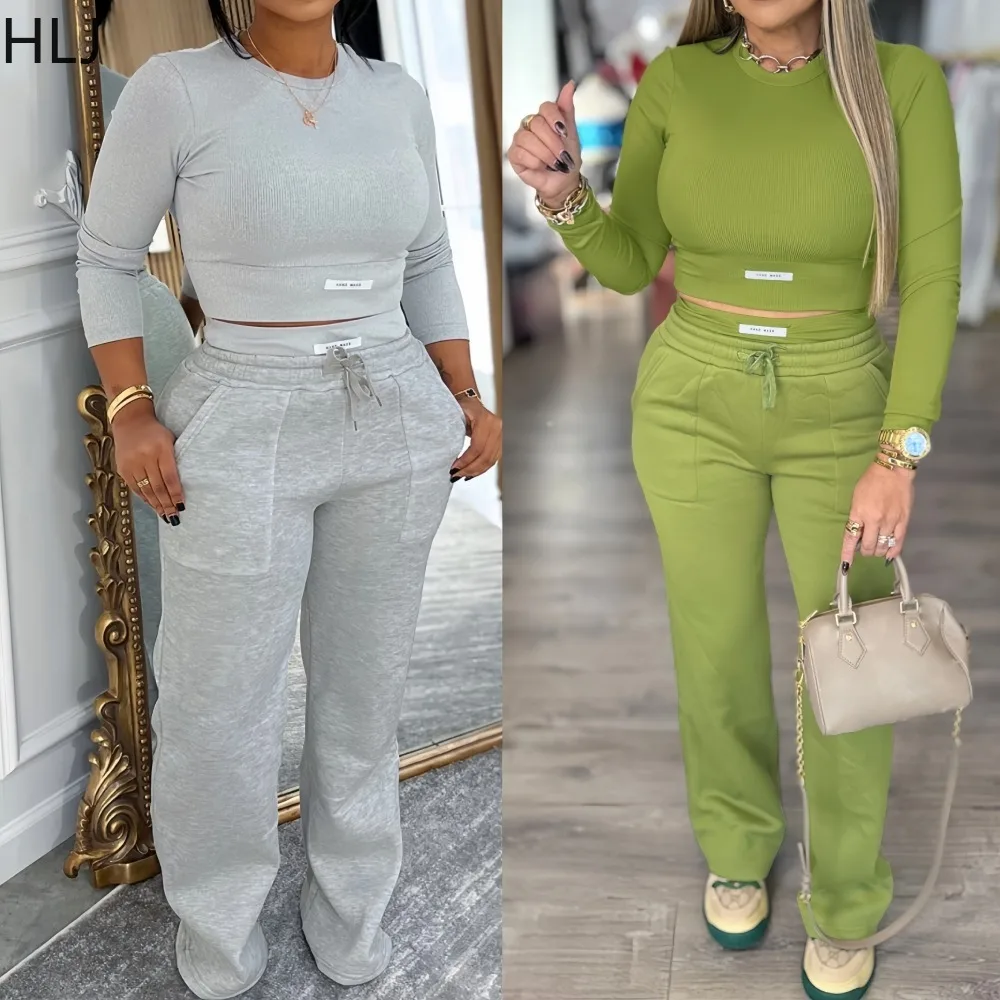 HLJ Casual Ribbing Patchwork Bodycon 2 Pieces Set for Woman Outfits Solid Color Long Sleeves Crop Top + Pants Female Streetwear