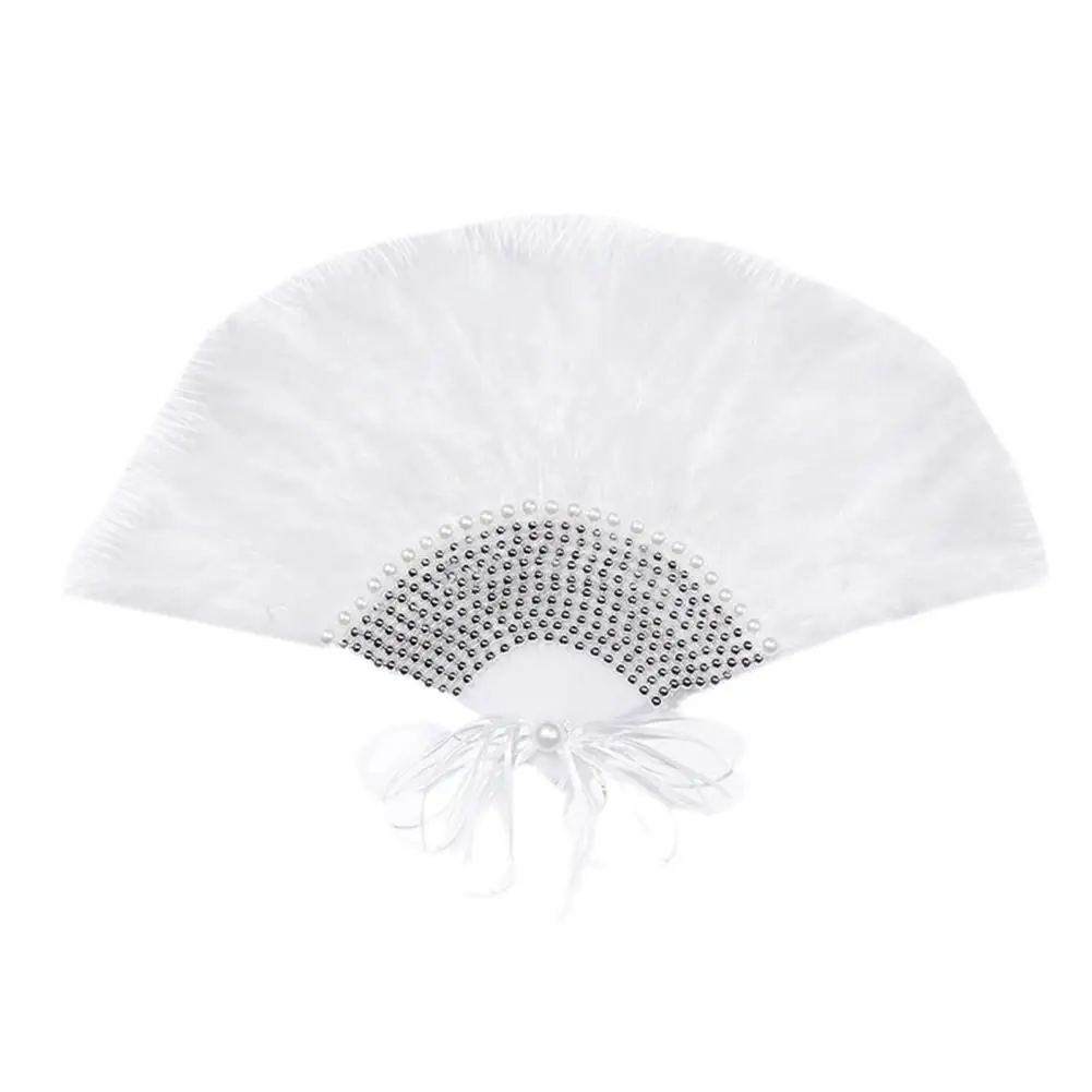 Wedding Fan Fashion Delicate Texture Bride Hand Fan Inlaid Faux Pearl Wedding Lace Feather Fan Exhibition Supplies