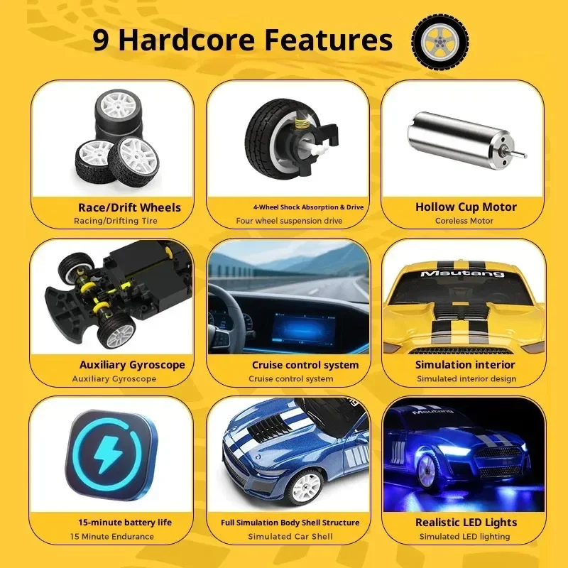 K4308 Schaal 1:43 Afstandsbediening Auto met Coole LED-verlichting Elektrische Vierwielaandrijving Drift Functie Sportwagen Model voor Jongens