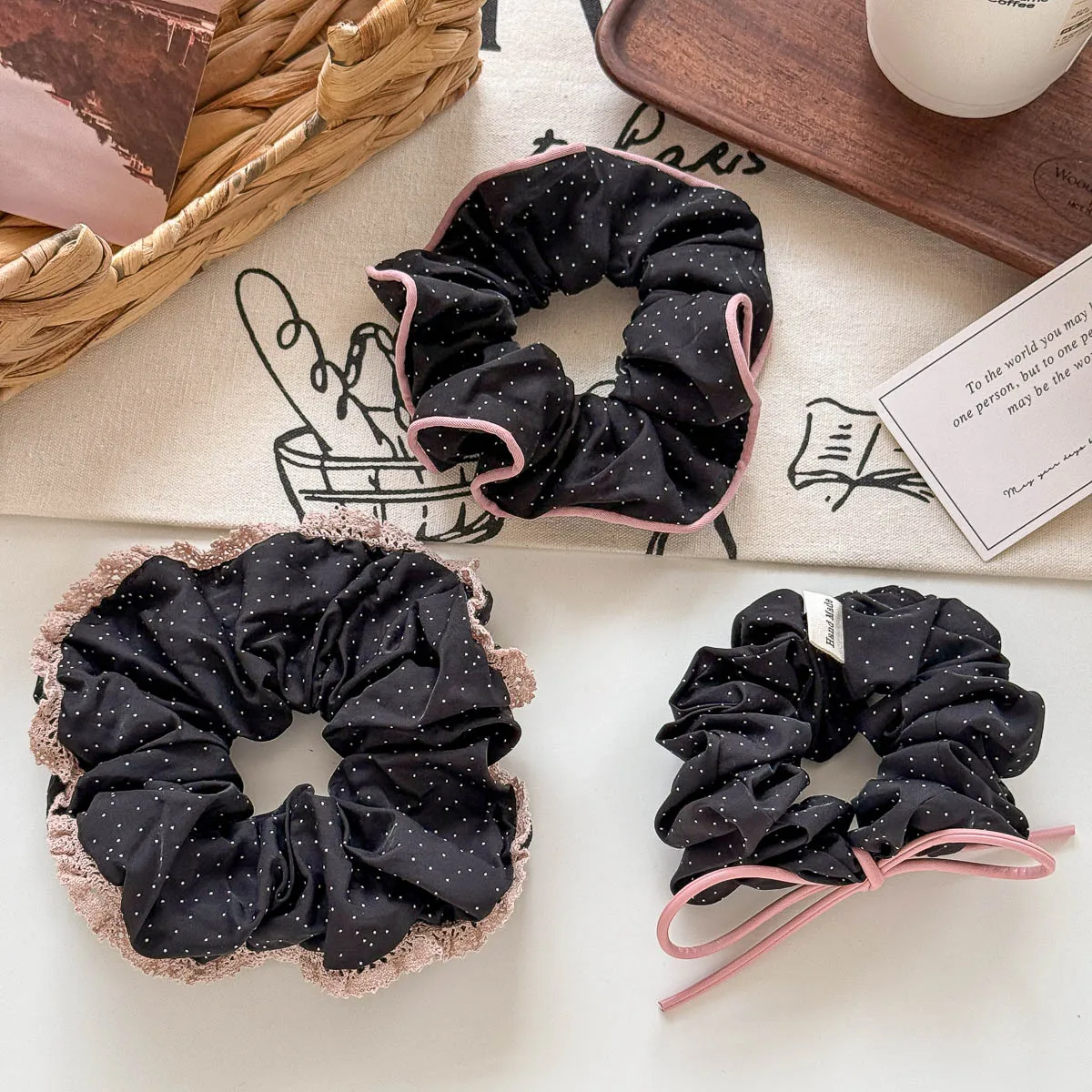Hair Scrunchie Polka Dot Black Pink Fabric Medium Lightweight High Elastic Girls Ponytail Bun Hair Tie Versatile Daily